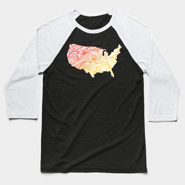 Colorful mandala art map of the United States of America in red and yellow with white background Baseball T-Shirt by Happy Citizen